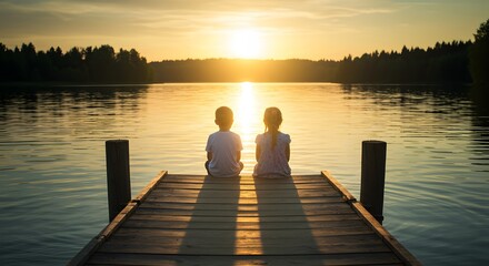 Naklejka premium Children Sitting on Dock Watching Sunset Over Lake Waters