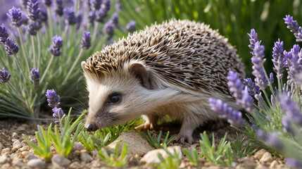 Hedgehog, Scientific name: Erinaceus Europaeus.  Wild, native, European hedgehog foraging for grubs amongst the lavender in hedgehog friendly garden.  Facing right. Horizontal.  Space for copy.