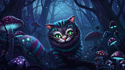 Mystical Cheshire Cat Grinning in Enchanted Forest with Glowing Mushrooms and Fantastical Vibes