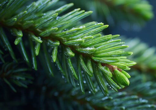 Close-up of dewy pine branch in natural light.