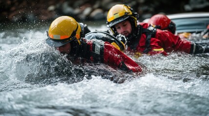 Daring rescuers wade through river currents to reach stranded vehicle and occupants