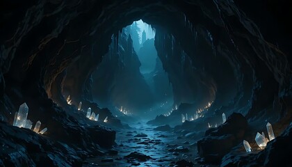 An ethereal cave scene filled with illuminated crystals and a path leading to a distant light.