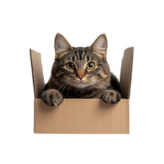 Curious Tabby Cat Peeking from Cardboard Box