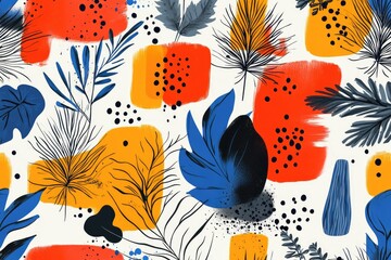 Vibrant abstract pattern with leaves and shapes.