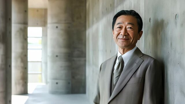 コンクリートの壁の前に立って穏やかな笑みを浮かべるスーツ姿のアジア人のシニア男性