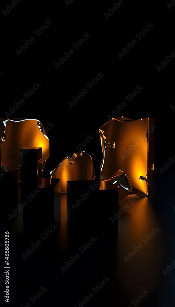 Poster Abstract Geometric Shapes Gleaming, Illuminated Structures Reflecting Light, Modern Design. Digital Art Creating Dark Environment, Subtle Shadows Enhancing Depth.