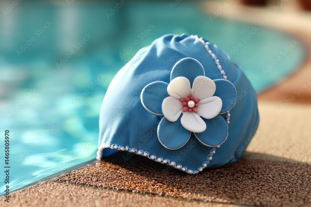 Poster Retro Swimming Cap With Flower Detail Resting on the Edge of a Pool on a Sunny Day Generative AI