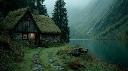 Cozy Cottage by the Lake Serene Nature Scene with Stone Structure and Thatched Roof