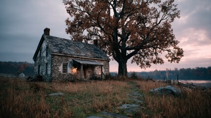 Obraz premium Cozy Cottage in Autumn A Rustic Home Nestled Amongst Nature with Warm Lights and a Majestic Tr