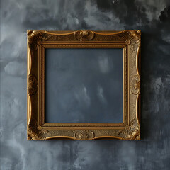 empty square canvas with epic golden frame on grey wall high definition photography