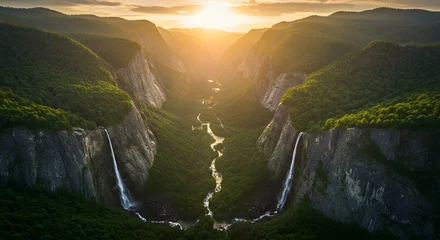 Gardinen Waterfall Scenic Landscape at Sunset with River Flowing Through Valley © Eunseom