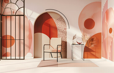 Design an interior wall mural with pink and terracotta tones featuring geometric shapes and patterns in soft lines and curves The design includes abstract shapes s