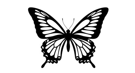 Highly detailed vector silhouette of a butterfly with wide open wings, symmetrical and elegant design on a white background, ideal for nature, beauty, and decorative art projects