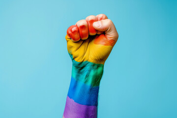 Copy Space of a Raised Fist Painted in LGBTQ Pride Colors Symbolizing Queer Power, Identity, and Activist Support for Equality and Love