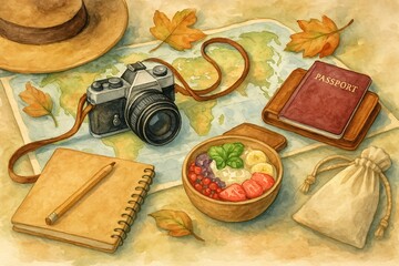 A watercolor illustration of travel-themed items including a vintage camera, a passport, a world map, and a wooden bowl filled with fresh fruits. The composition evokes a sense of wanderlust.