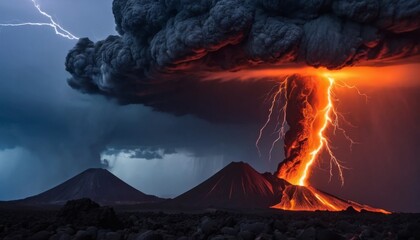 Stunning volcanic eruption with dramatic lightning strikes under ominous clouds and ash plume rising into the sky