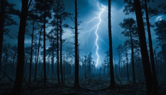 Striking lightning illuminates dark forest landscape at night under ominous storm clouds and shadows of tall trees