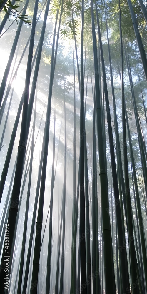 Poster serene bamboo forest scene, tall green stalks, soft mist creates a peaceful atmosphere. sunlight fil