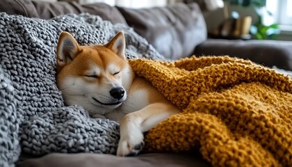 Cozy dog naps soundly under blankets
