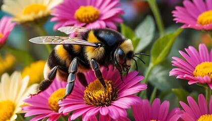 A bumblebee diligently gathers pollen from vibrant pink and yellow flowers in a sunlit garden scene.