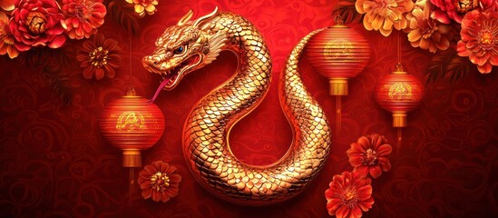 Majestic golden dragon among festive red lanterns and floral ornamentation