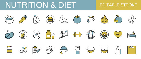 Colored nutrition and diet icon set. Healthy food, wellness, health, gym. Editable stroke. Vector illustration