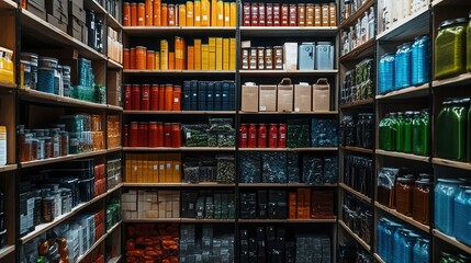 Fototapeta premium A wideangle view of shelves filled with picked items ready for packing, Inventory, Organized and systematic