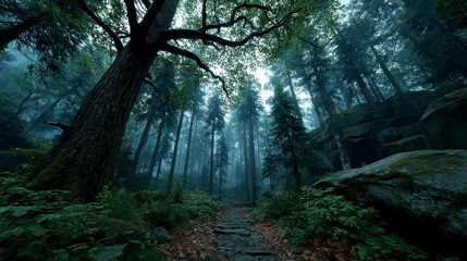 Obraz premium Enchanting Forest Pathway with Lush Greenery and Misty Atmosphere Ideal for Nature Adventure