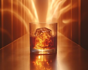 A glass of whiskey on a polished surface with a glowing background, showcasing the elegance of fine spirits.