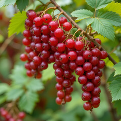 Fototapeta premium Ripe bunches of red currants hang on a bush in summer. Productivity and fruiting of red currants, close-up. Copy space for text