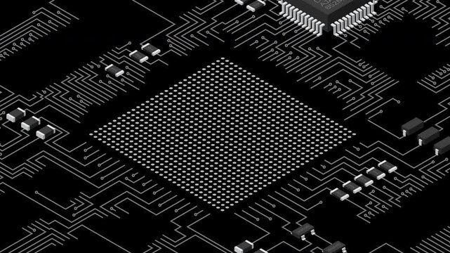 Isometric electronic board animation with USA flag. Isometric printed circuit board with electronic components. Integrated circuit board. Transparent background with alpha channel