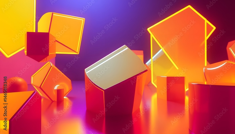 Aufkleber Radiant Neon Shapes Glow, A Bold Abstract Art Form. Dynamic Reflections Enhance The Futuristic Design, Creating A Visually Stunning Composition. Geometric Beauty Shines.