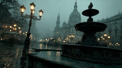 Rainy Evening at the Square with Illuminated Lanterns and a Fountain