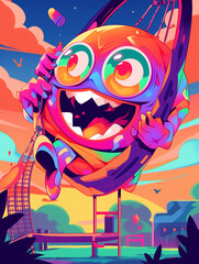 funny monster character with huge eyes and a silly grin, anime-style shading and lines, bouncing around a playground