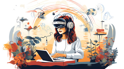 Professional woman using virtual reality technology at office desk for work simulation