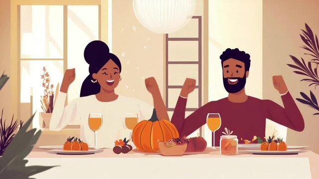 Joyful Friends Celebrating Thanksgiving at Dinner Table in Cozy Home Interior