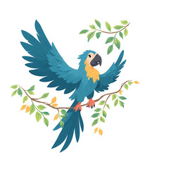 Vibrant macaw spreading its wings on a branch, surrounded by lush green foliage. Tropical paradise bird.