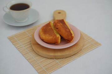Delicious Pancake Served with Tea on Wooden Board