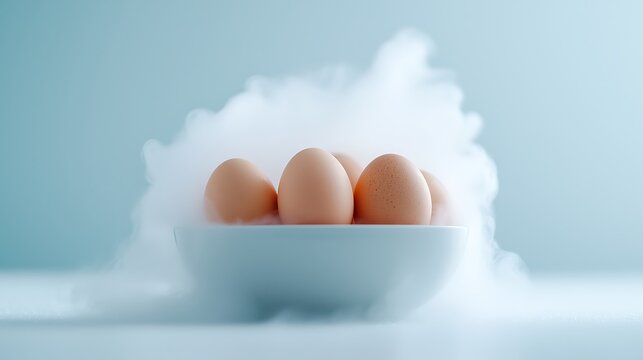 Brown Eggs Boiling in White Bowl with Rising Steam - Powered by Adobe