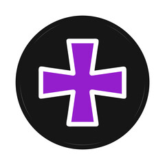 Violet cross emblem on stark black circle, minimalist graphic illustration