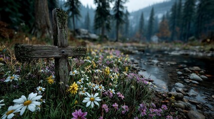 Wooden Cross in Wildflower Meadow by Stream
