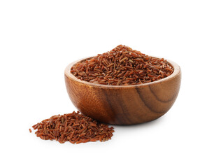 Raw brown rice in bowl isolated on white