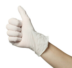 Doctor in medical glove showing thumbs up on white background, closeup