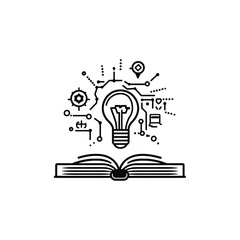 A light bulb and circuit branches sit atop an open book in line art