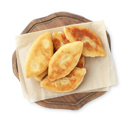 Delicious fried pyrizhky (stuffed pies) isolated on white, top view