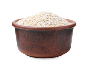 Superfood product. Oat powder in bowl isolated on white