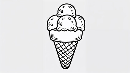 Black and white cartoon drawing of an ice cream cone with three scoops. Simple and fun design, no complex lines.