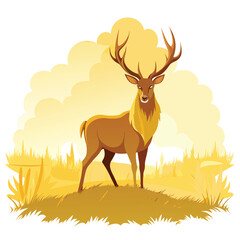 Capture the serene beauty of a majestic stag with large antlers standing in a misty, golden field  isolated on white background

