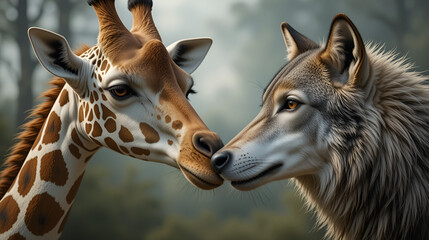 Giraffe and Wolf as Symbols of Nonviolent Communication in a Playful Close-Up