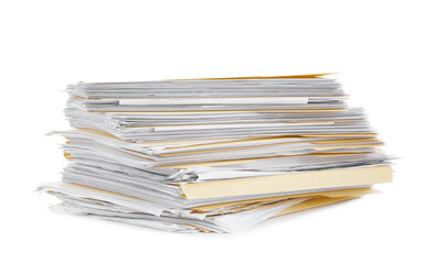 Stack of file folders with papers isolated on white